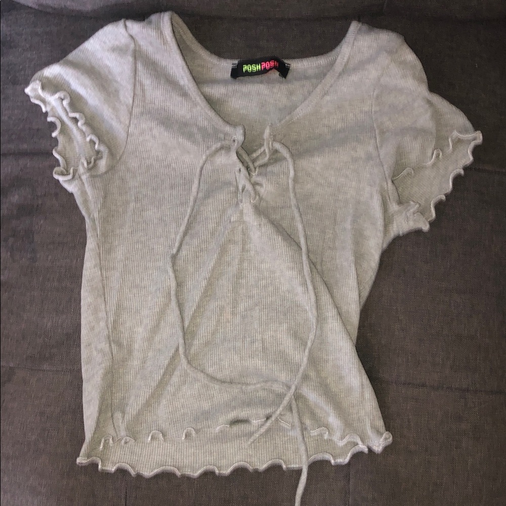 Posh Gray Ribbed Top with Lace-Up Detail